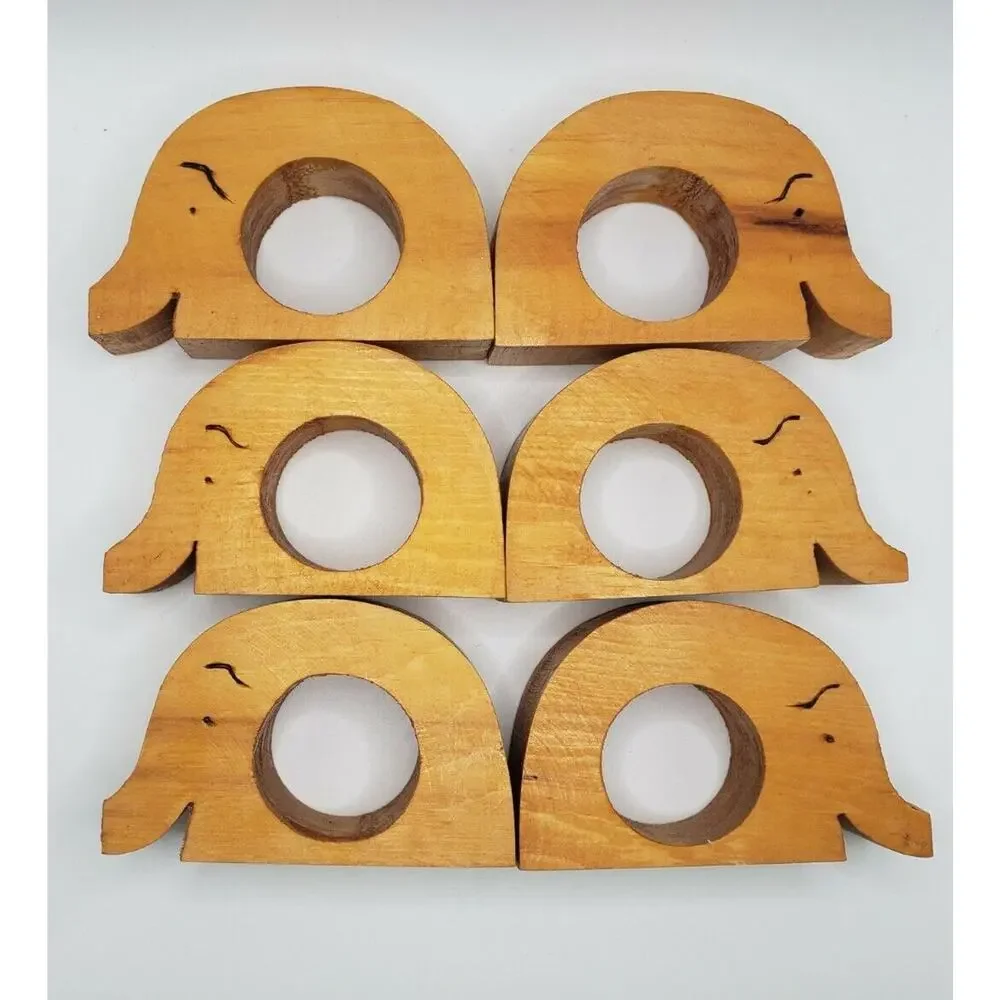 Wood Carved Elephant Napkin Rings Holders 6 pc set Boho Kitschy Kitchen Dinning - Picture 2 of 6